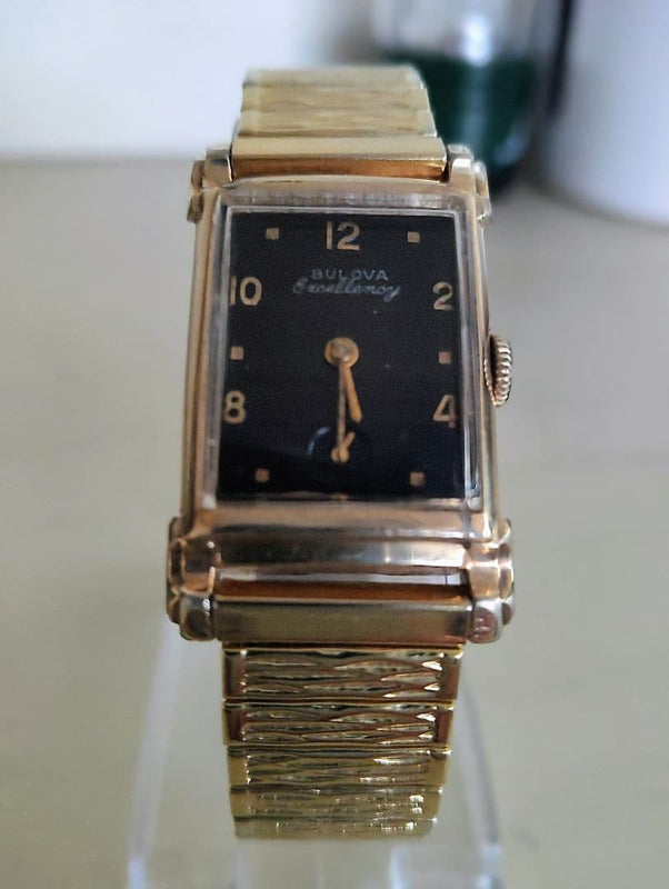 Bulova Excellency 10K Gold Hand-wound Watch 37x23mm Black Dial Metal Expansion