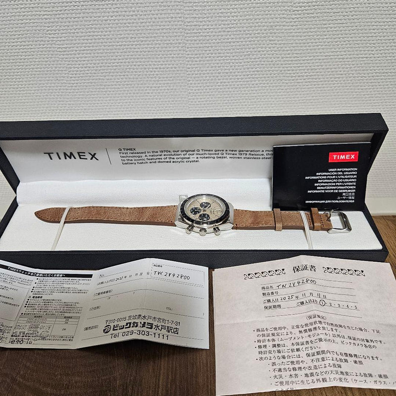 Timex Q TW2V42800 Chronograph Watch 40mm SS Gold Dial Tachymeter Brown Leather