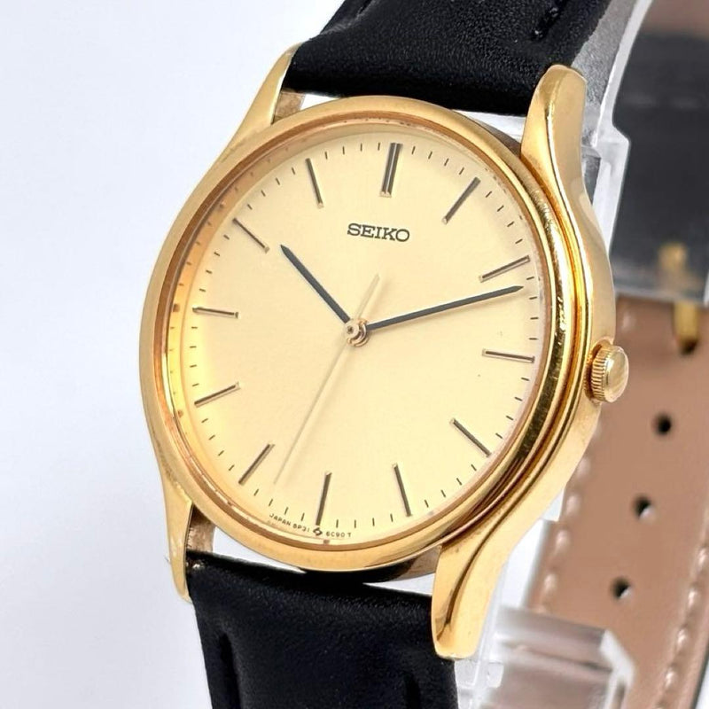 Seiko Quartz Watch 5P31-6A80 Gold Tone 32mm Gold Dial Leather Roman Numerals