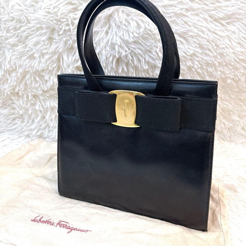Salvatore Ferragamo Vara Ribbon Handbag Calf Leather Gold Hardware Black H21cm
