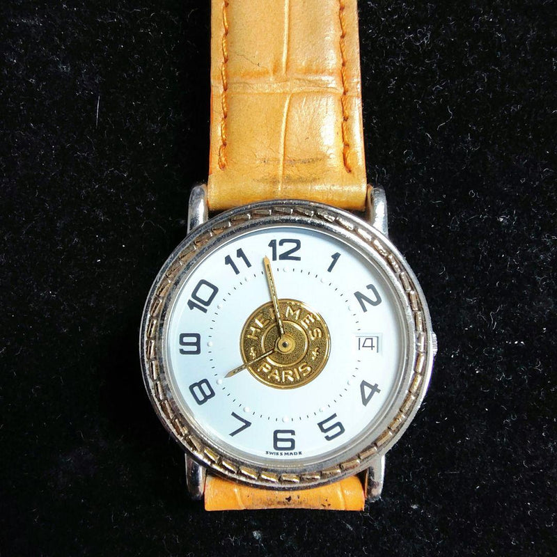 HERMES Sellier Unisex Watch Quartz Date GP Stainless Steel 32mm Leather