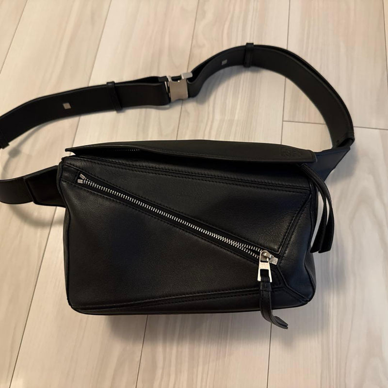 LOEWE Puzzle Bag Leather Mens Crossbody Shoulder Geometric Panel Design Black