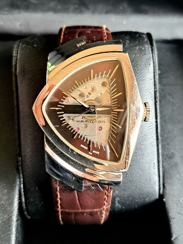 Hamilton Ventura H245150 Automatic Triangular Skeleton Open Heart Brown Leather