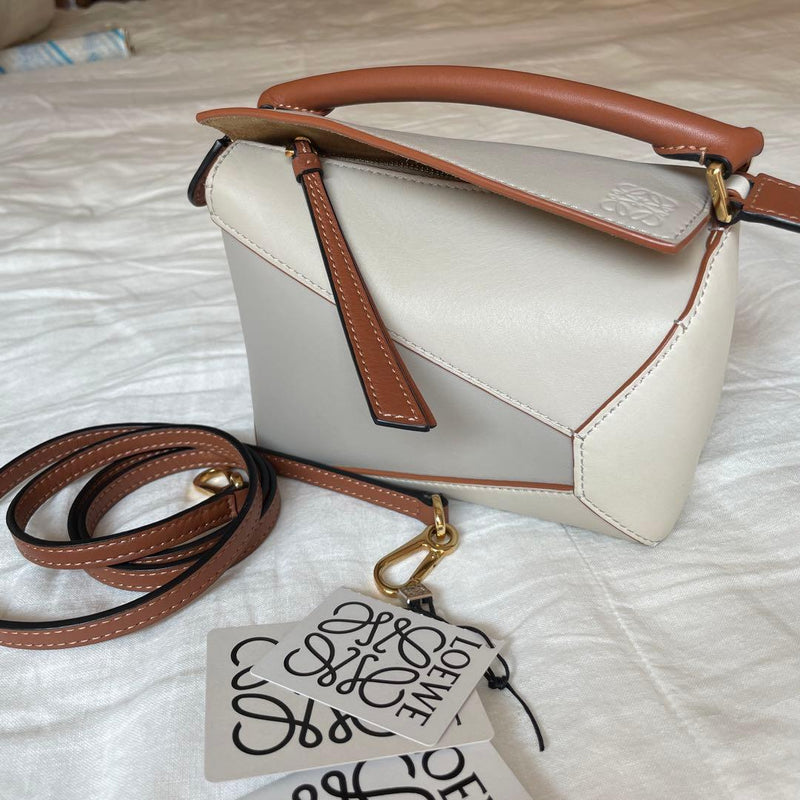 LOEWE Puzzle Mini Tan Brown Calfskin Leather Gold Hardware Shoulder Handbag 2023