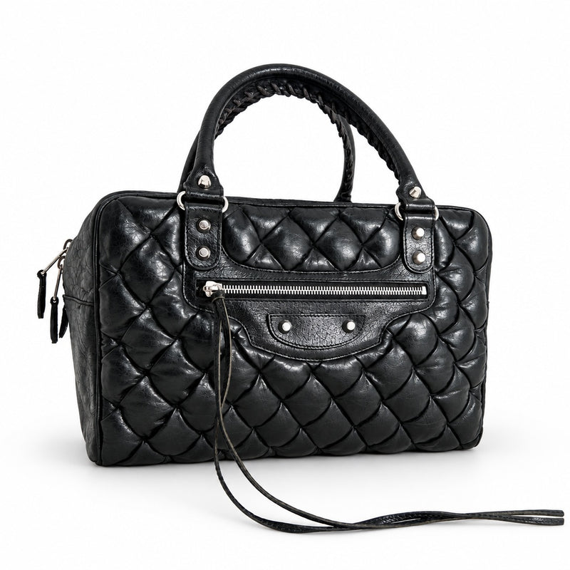 BALENCIAGA City 168031 Quilted Handbag Black Leather Silver Hardware 21x31x18cm