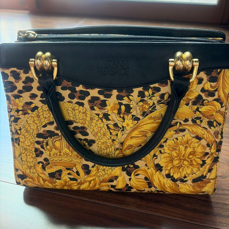 VERSACE Handbag Leopard Baroque Black Gold Yellow 19cm Height 26cm Width 13cm