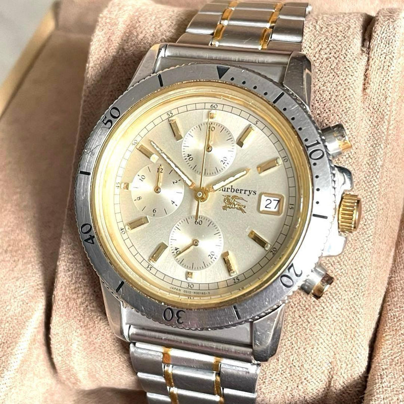 Burberry Chronograph Diver Quartz Mens Watch Silver Gold Band 44mm Sapphire