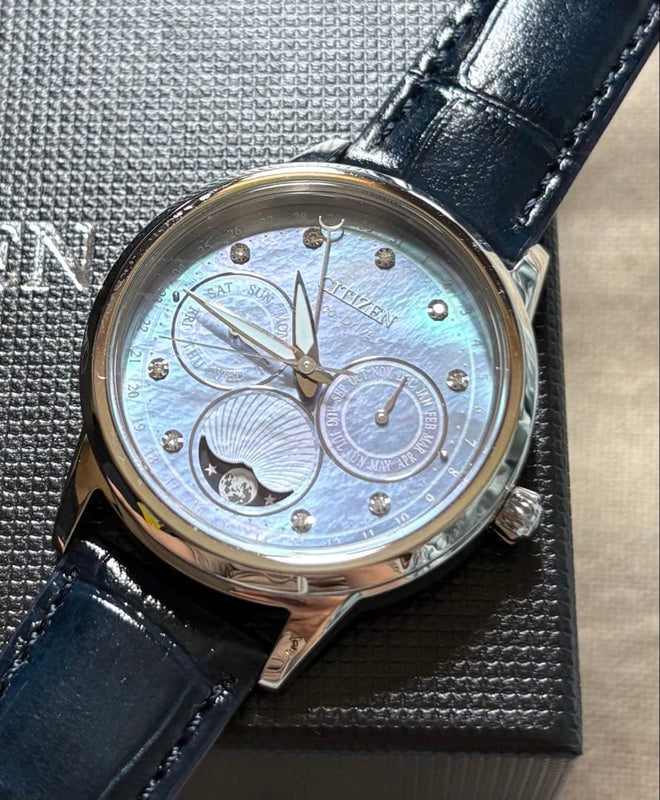 CITIZEN Eco-Drive Moon Phase Watch 36.5mm SS Blue MOP Diamond 9pt 5 Bar Leather
