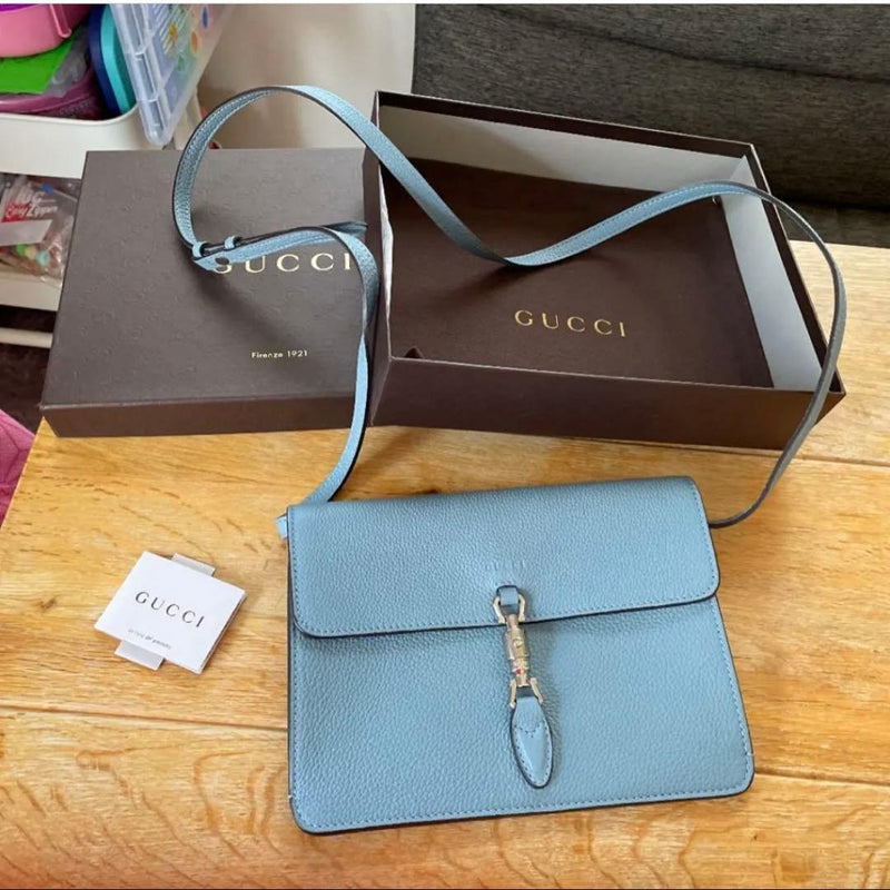 GUCCI New Jackie 277520 Leather Shoulder Clutch Bag Blue-Gray 23cm x 17cm Gold