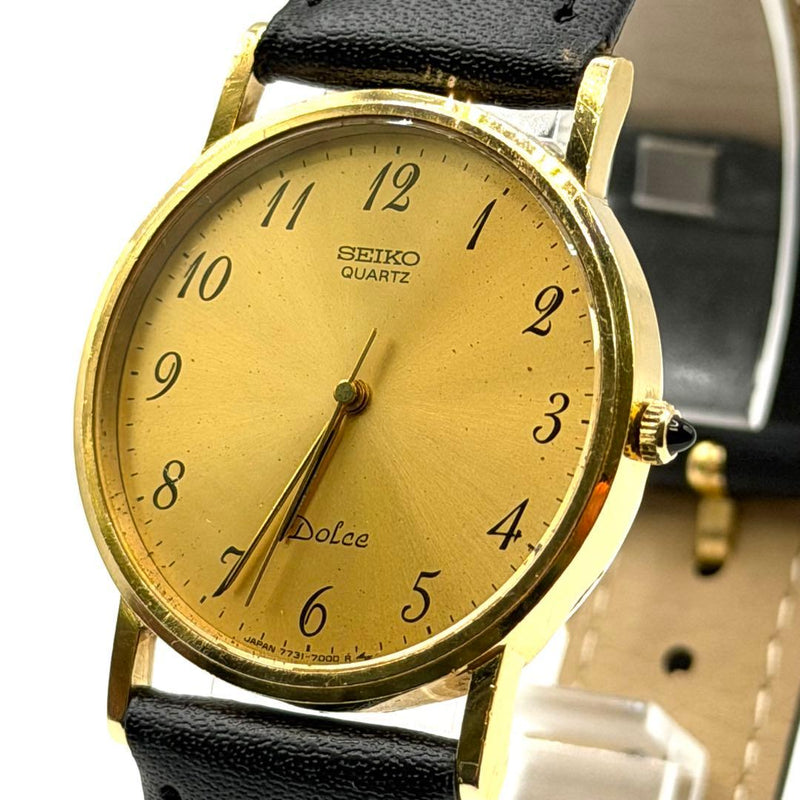 SEIKO DOLCE 7731-7000 14K Gold Case Quartz Analog New Leather Band Watch