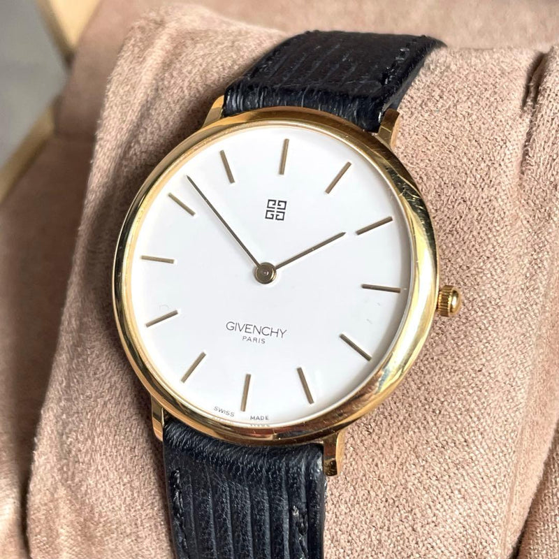 GIVENCHY Gold Bar Design Gold Tone Boys Size Quartz Black Leather Band Watch