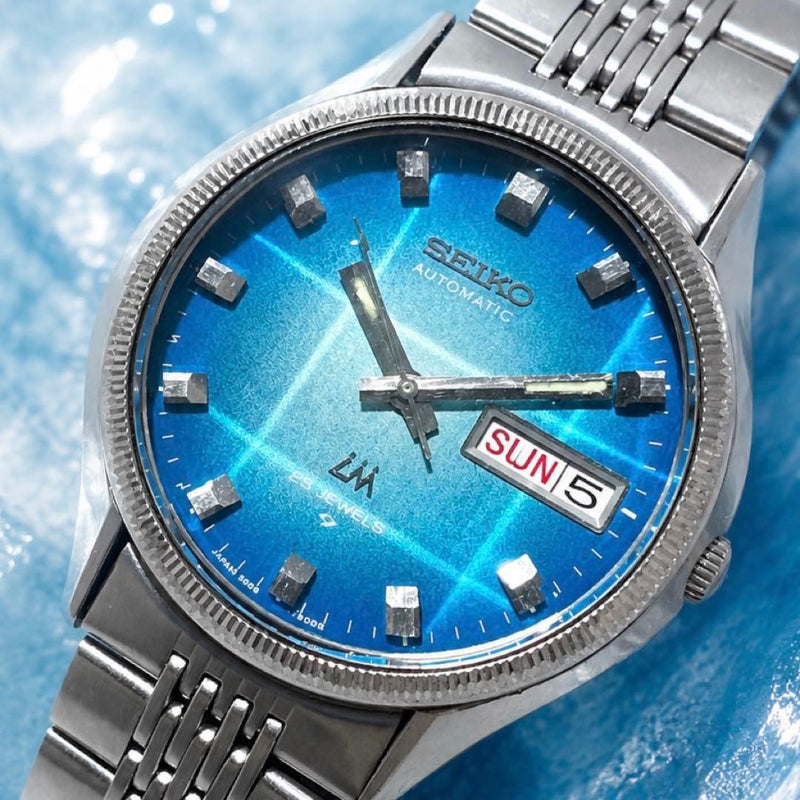 SEIKO LM Lord Matic Automatic Blue Dial Date Day Watch Wrist 16-17cm Crystal