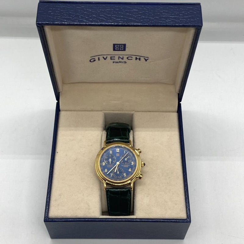 GIVENCHY Gold Quartz Chronograph 30mm Navy Dial Green Accent Leather Watch