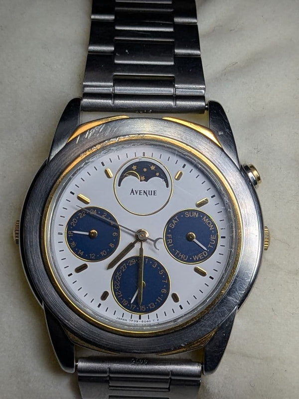 SEIKO AVENUE 7F39-6060 Quartz Moon Phase Triple Calendar 33mm Aftermarket SS