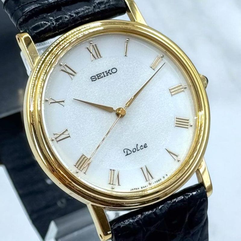 SEIKO DOLCE 8N41-7030 Mens Quartz Watch White Dial Gold Black Running