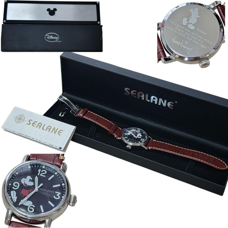 SEALANE Disney Mickey Quartz Watch SED-002LBR 41mm SS Leather 20ATM Miyota