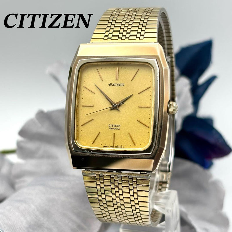 CITIZEN Exceed Quartz 30mm Case 20mm Lug Square Watch Gold Dial Gold Band 17.5cm