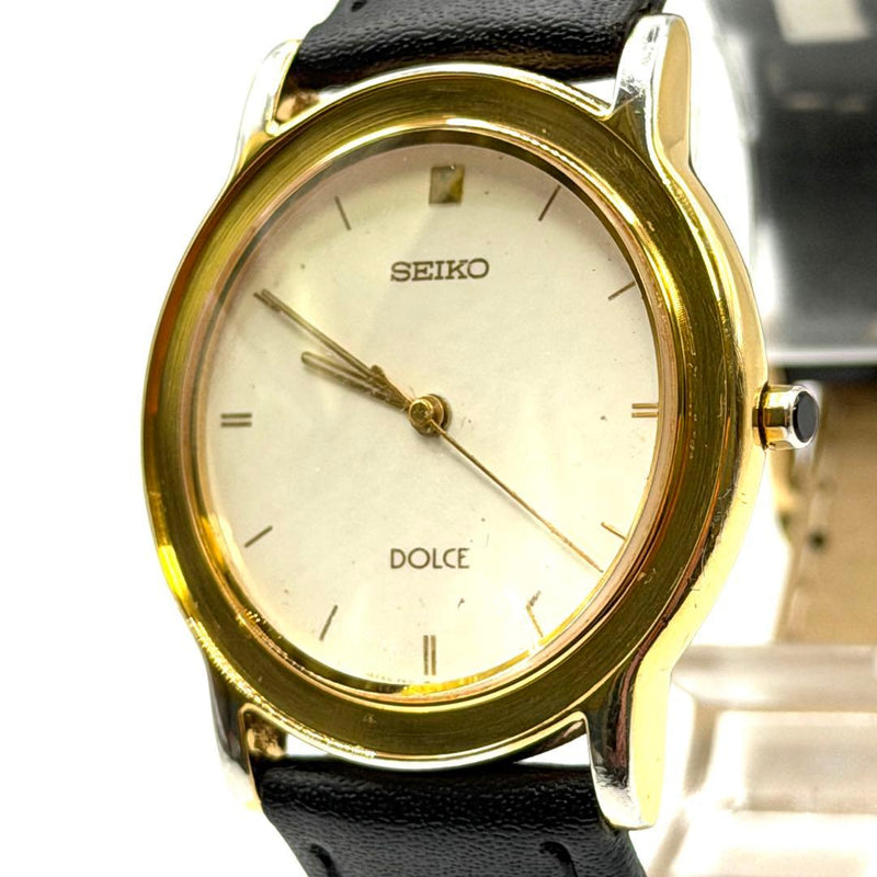 SEIKO DOLCE Quartz SS Gold Black Leather New Battery Bezel Missing Watch