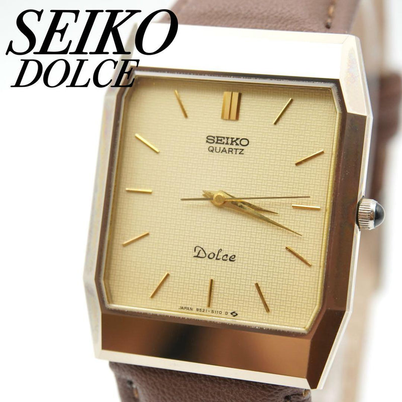 SEIKO Dolce 9521-5110 Quartz Watch 29.7mm Gold Tone Tank Brown Band TC 4J No WR
