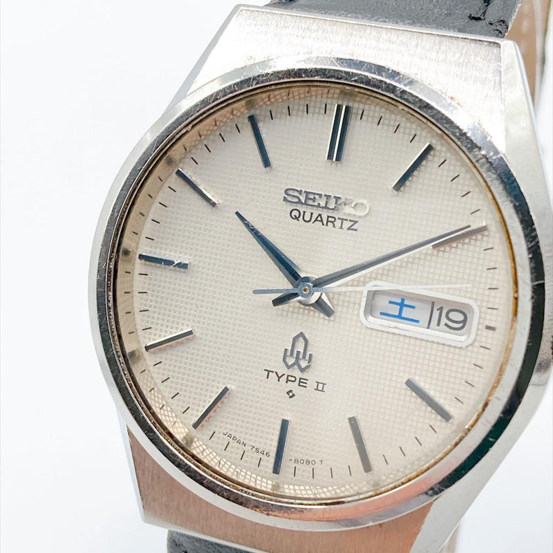 SEIKO TYPE II 7546-8070 Quartz Watch 35.1mm Stainless Steel White Day Date