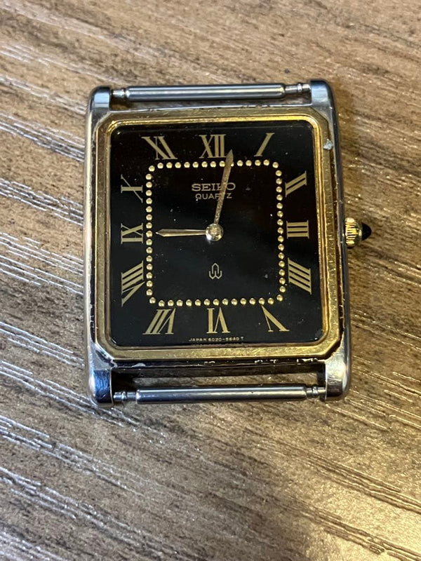 SEIKO QUARTZ 6020-5470 Square Watch Stainless Steel Gold Plated Bezel Roman