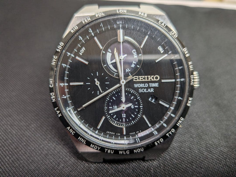SEIKO World Time Solar Movement Analog Black Dial Wristwatch 42mm Sapphire