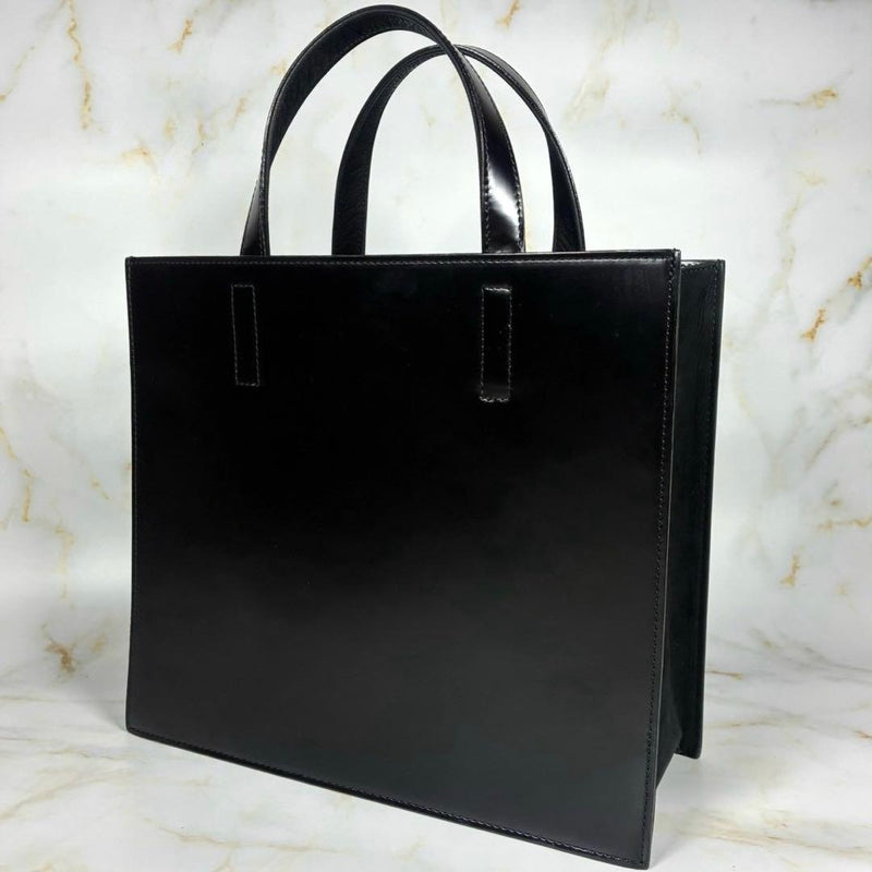 Ys Yohji Yamamoto Smooth Leather Square Tote Bag Black 10.2x11.6x4.9in