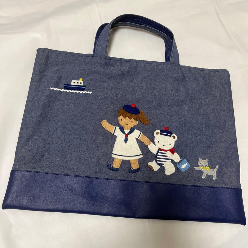 Familiar Denim Tote Bag Marine Sailor Girl Bear Cat Embroidery 31cm H 42cm W