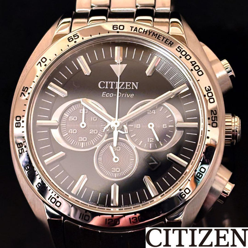 CITIZEN Mens Eco-Drive Solar Chronograph Watch 43mm Black Dial Silver Band 100m