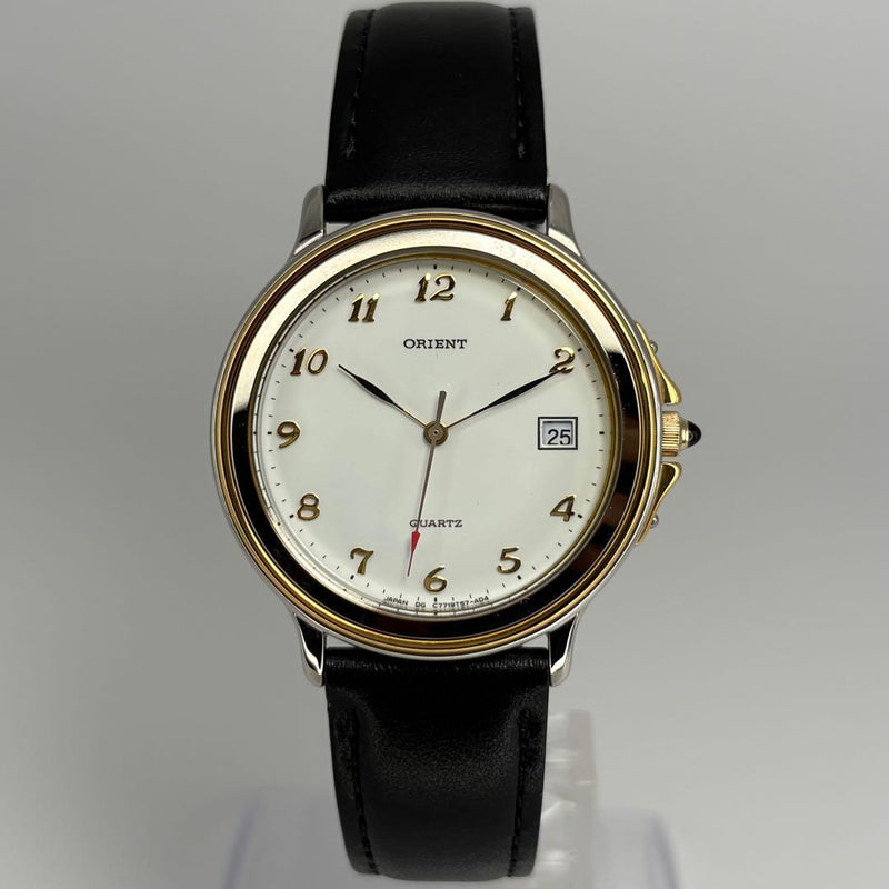 ORIENT Mens Quartz Watch Stainless Steel Case 34mm White Dial Date 1990s