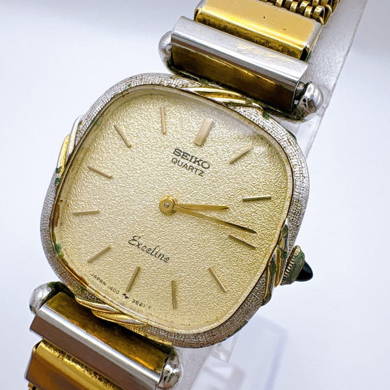 SEIKO Exceline 1400-7020 Ladies Quartz Gold Square Mesh Bracelet Watch Working