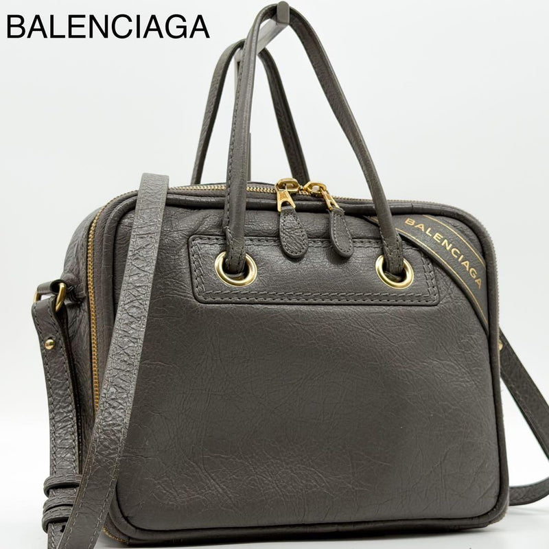 BALENCIAGA Blanket Square Shoulder Handbag 2-Way Leather Dark Gray Crinkled