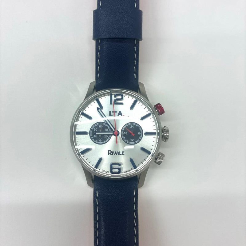 I.T.A. RIVALE Quartz Chronograph Silver Dial Blue Leather Band Watch With Box