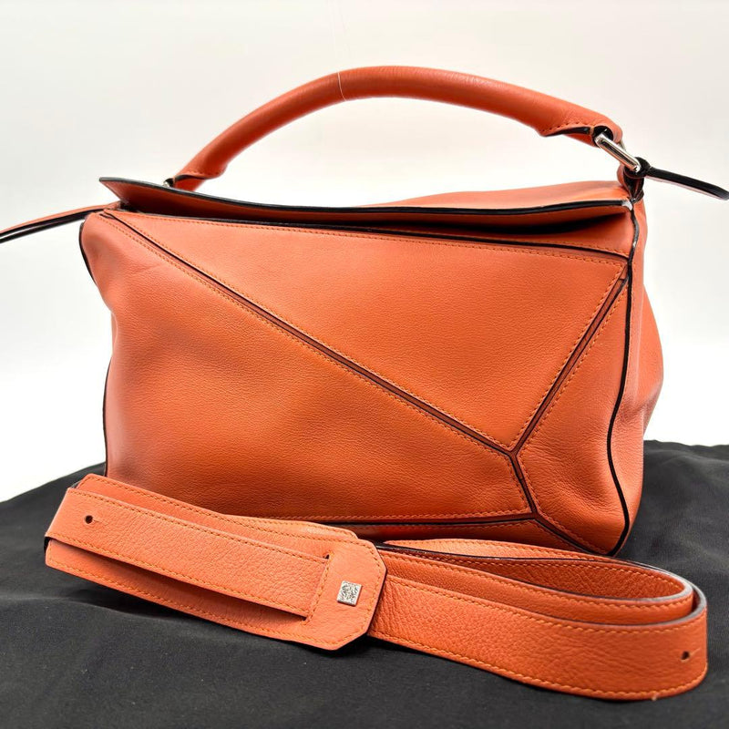 LOEWE Puzzle Bag Medium Orange Leather 2WAY Handbag Crossbody H7xW11.4xD5.1in