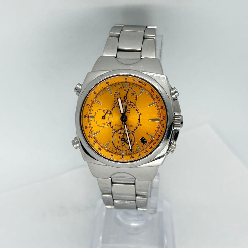 SEIKO 7T32-9000 Quartz Alarm Chronograph Watch 40mm Orange Dial Tachymeter SS