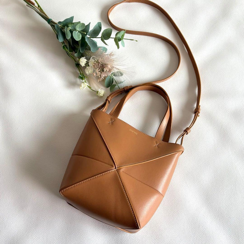 LOEWE Puzzle Fold Tote Mini 2-Way Shoulder Bag Leather Light Brown 20x16.5x9.5cm