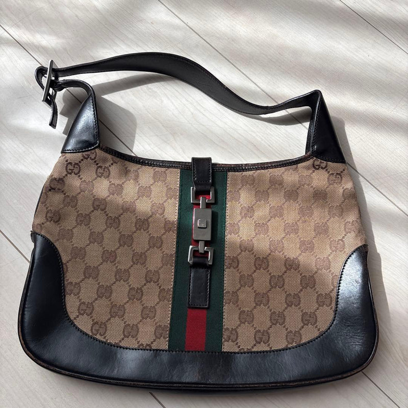 Gucci Jackie Logo Monogram Canvas Burgundy Leather Trim Tom Ford Era Shoulder