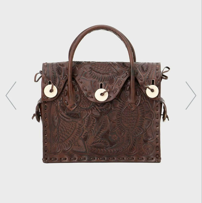 Grace Continental Carving Tribes Carved Leather Brown Handbag 27W 22H 11D cm