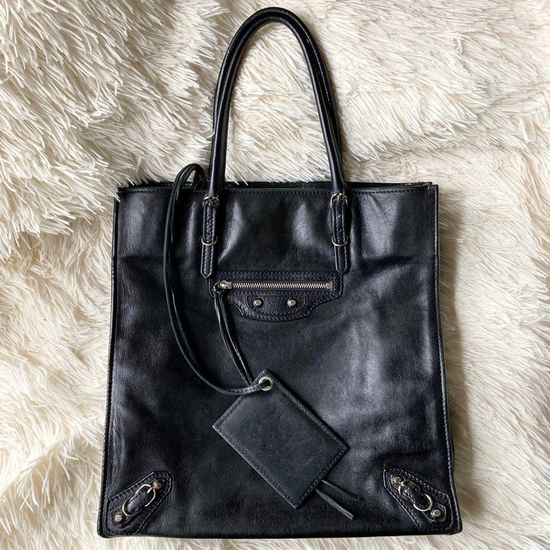 BALENCIAGA The Paper Bag Tote Black Leather City 255412 16x11.5x7.5in Zip-Top
