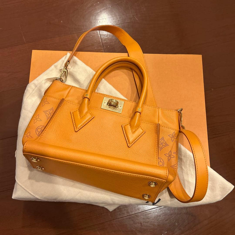 Louis Vuitton On My Sand Handbag Orange MM 12x9.6x5.5 Calfskin Monogram Gold HW