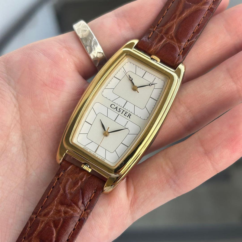 SEIKO ALBA Dual Time Watch Gold 51x27mm Tonneau White Dial Dual Quartz Brown