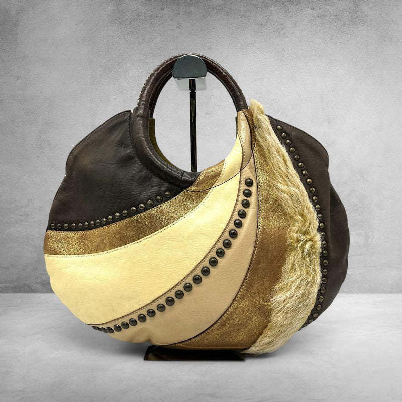 SAZABY Haircalf Studded Leather Handbag Circle Handle Brown Gold 16.1x8.7x2.4in