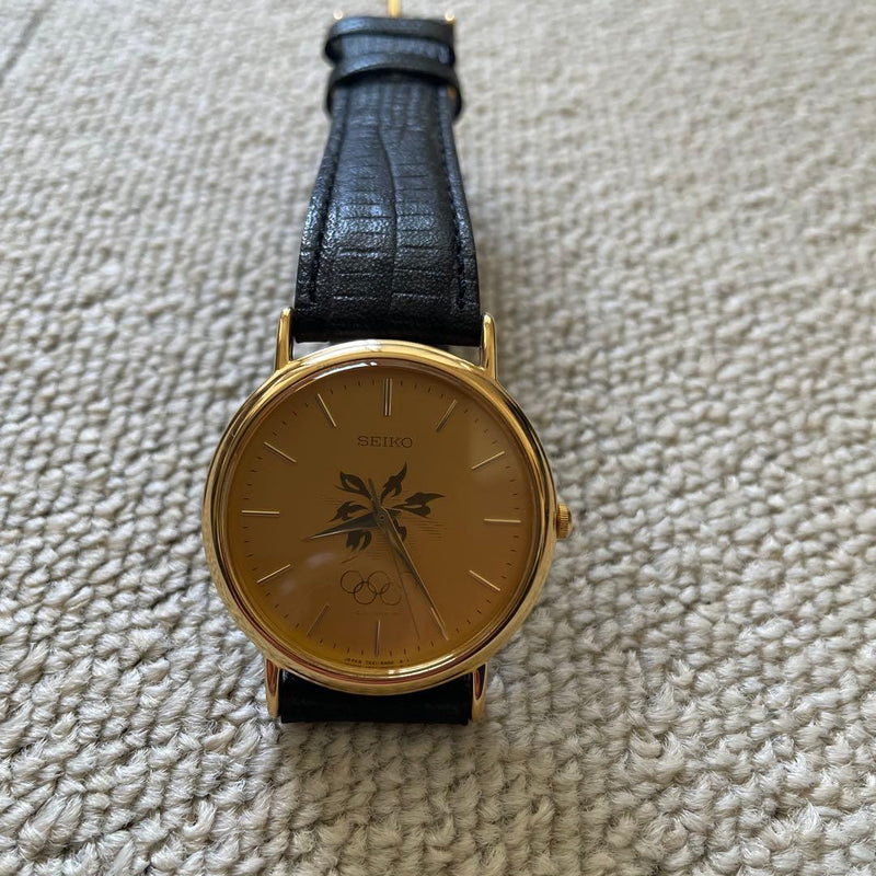 SEIKO 7N21-8A00 Nagano Olympics 1998 Quartz Watch Gold Dial Black Band