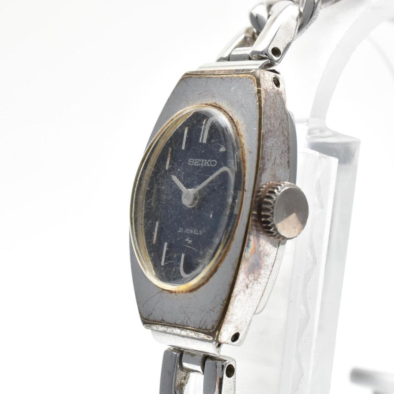 SEIKO Ladies Hand-Wound Tonneau Watch 11-7030 White Gold Plated Navy Dial