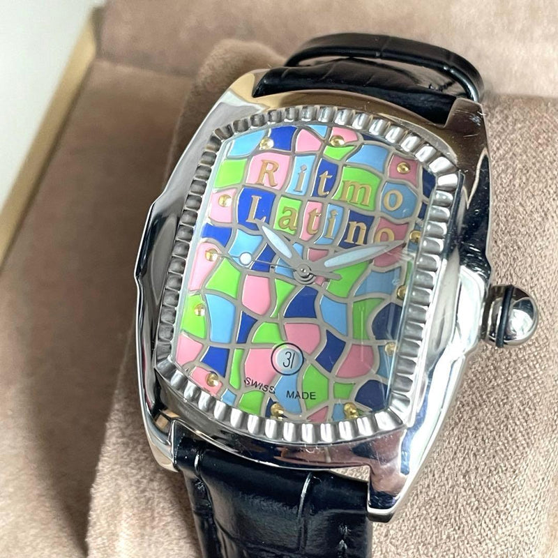 Ritmo Latino Mens Quartz Stained Glass Dial Date Wristwatch Black Leather