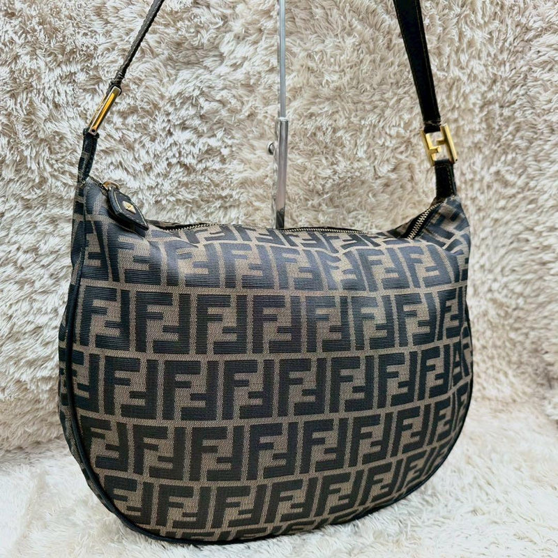 Fendi Mama Baguette Zucca FF Logo Canvas Leather Shoulder Bag Brown H30 W36 D6cm