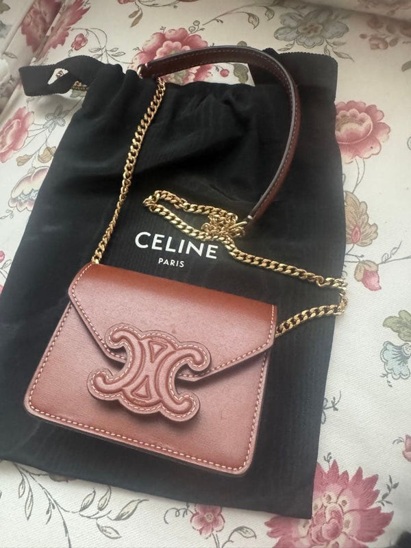 CELINE Triomphe Motif Brown Leather Chain Shoulder Bag Gold Chain Strap Flap