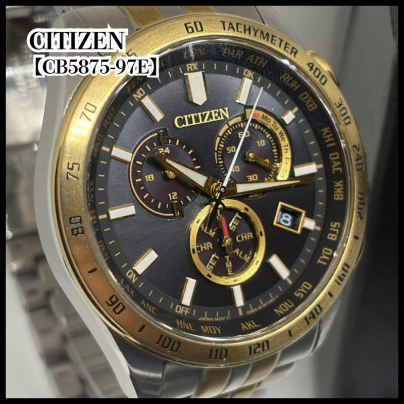 CITIZEN CB5875-97E Radio Solar Chronograph Watch Two-Tone SS Gold Bezel Black