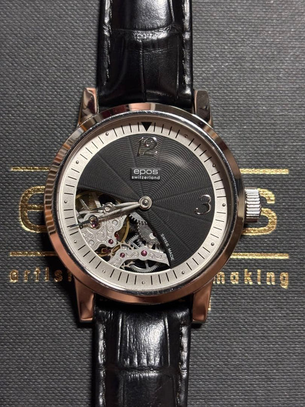 EPOS 3377 Manual Winding Skeleton Black Dial Stainless Steel 5ATM Black Leather
