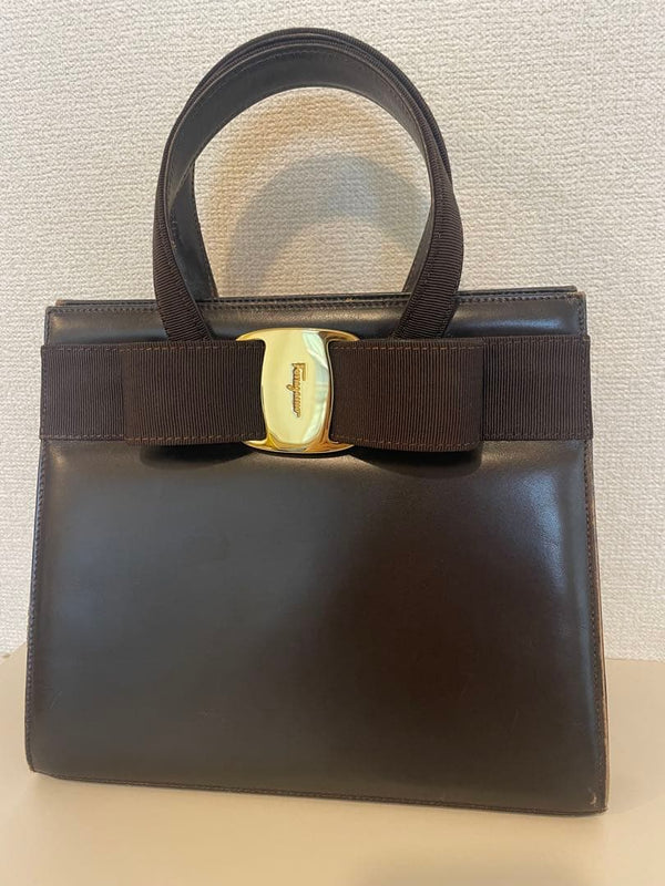 Salvatore Ferragamo Brown Leather Handbag A4 Large Capacity Gold Tone Buckle